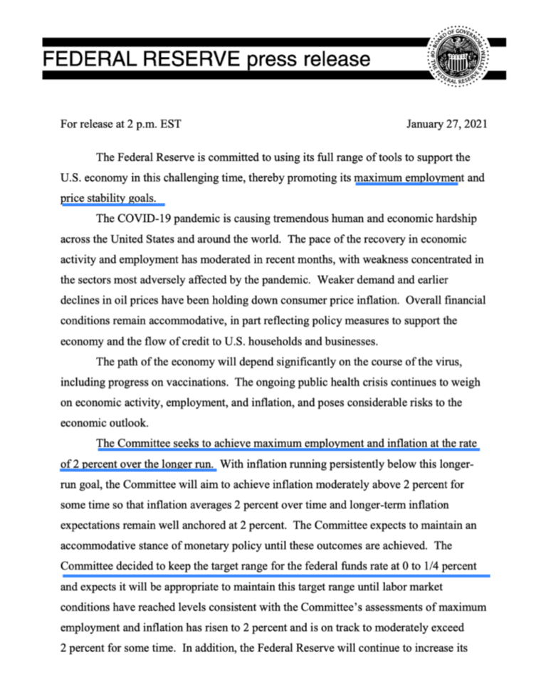 Graphic of a Federal Reserve press release from January 2021